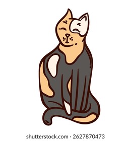 Color doodle cat sits contentedly. Cute pet with vibrant fur patterns. Vector illustration of cat with joyful expression