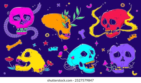 Color doodle groovy scull stickers. Punk kawaii elements.