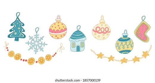 Color doodle set with Christmas decorations. Baubles decorated with patterns, garlands, gingerbread. Hand drawn vector illustration isolated on white. New year. Great for  greeting cards, posters.