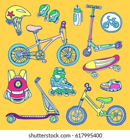 Color Doodle Sketch Sporting Goods For Kids. Vector Icons Illustration. Set. Scooter, Rollers, Skate, Bicycle, Sneakers, Backpack, Helmet, Water. Summer Children's Holiday