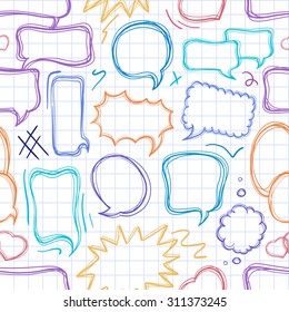Color doodle speech bubbles seamless pattern on the check background.