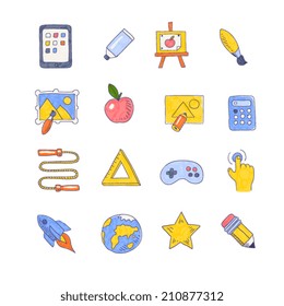 Color doodle style school theme icons set, isolated vector illustration. Design for stickers, logo, web and mobile app.