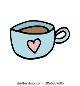 Color doodle vector cup with heart for valentine's day cards.