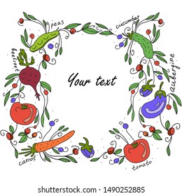 Color doodle vector hand drawn  frame with vegetables.  Great for decoration of food packaging, blogs.