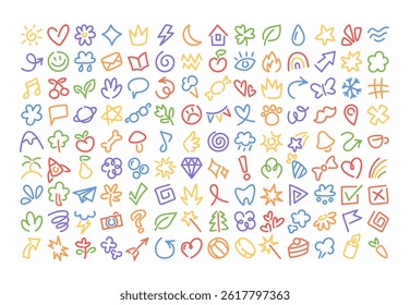 Color doodles, art design elements, social media icons, scribble seasonal weather shapes set