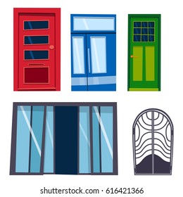 Color door front to house and building flat design style isolated vector illustration modern new decoration open elegant room lock.