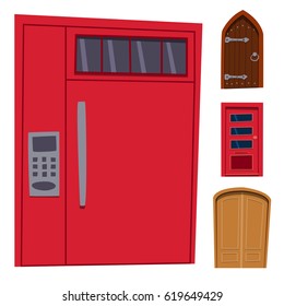 Color door front to house and building flat design style isolated vector illustration modern new decoration open elegant room lock.