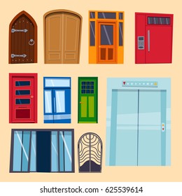 Color door front to house and building flat design style isolated vector illustration modern new decoration open elegant room lock.