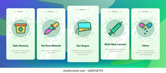 Color Dosage, Dosing Drugs Vector Onboarding Mobile App Page Screen. Pharmacological Medications Dosage Outline Cliparts. Disease Treatment Prescription. Medical Therapy Illustration