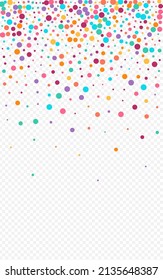 Color Dot FallingFestive Vector Transparent Background. Abstract Polka Invitation. Carnival Rain Pattern. Multicolored Circle Christmas Background.