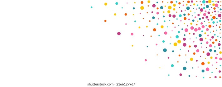 Color Dot Flying Vector Panoramic White Background. Festival Round Illustration. Christmas Rain Card. Rainbow Circle Transparent Wallpaper.