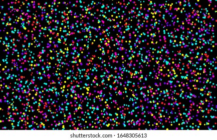 Color dots on black background. Vector illustration. Abstract bright colored dotted circles. Falling color dots. Eps10.