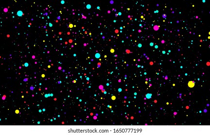 Color dots on black background. Vector illustration. Abstract bright colored dotted circles. Falling color dots. Eps10.