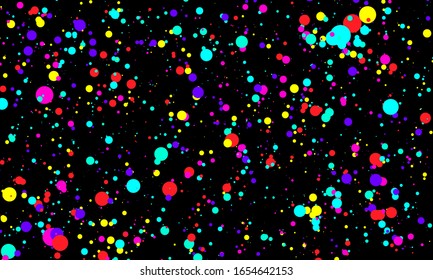 Puntos de color sobre fondo negro. Ilustración vectorial. Resumen de círculos punteados de colores vivos. Cae puntos de color. Eps10.