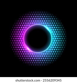 Color dotted round pattern. Neon blue pink frame with halftone effect. Abstract shining background with light glowing elements. Glitter circle ring. Modern futuristic vector illustration.