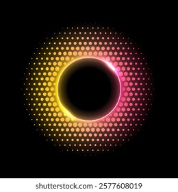 Color dotted round pattern. Neon yellow pink frame with halftone effect. Abstract shining background with light glowing elements. Glitter circle ring. Modern futuristic vector illustration.
