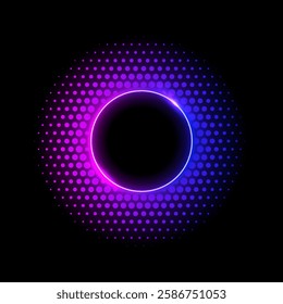 Color dotted round pattern. Neon blue pink frame with halftone effect. Abstract shining background with light glowing elements. Glitter circle ring. Modern futuristic vector illustration.