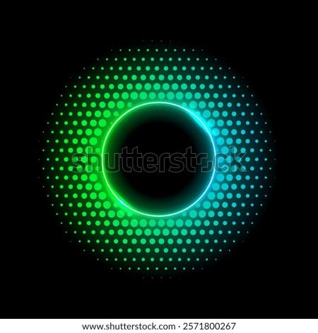 Color dotted round pattern. Neon green blue frame with halftone effect. Abstract shining background with light glowing elements. Glitter circle ring. Modern futuristic vector illustration.