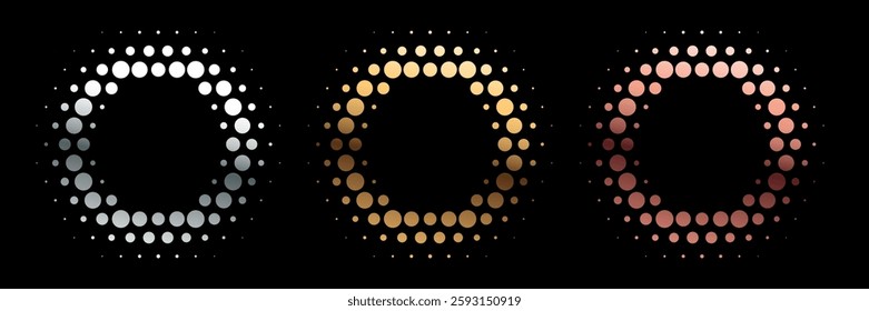 Color dotted round patterns. Gold, silver, bronze frames with halftone effect. First, second and third place medals isolated on black background. Abstract vector illustration set.