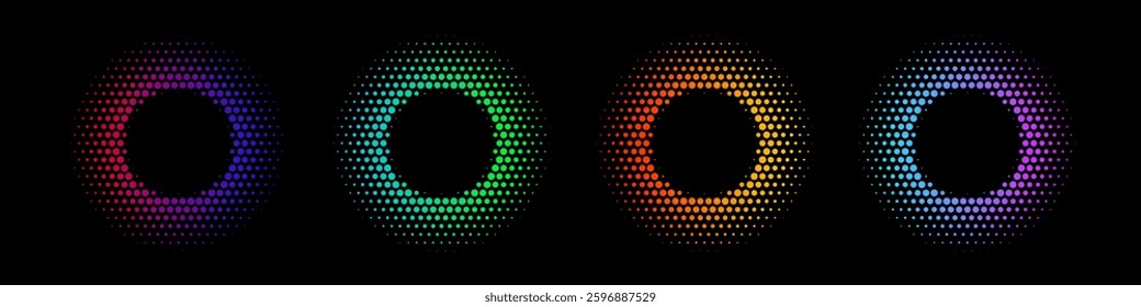 Color dotted round patterns. Neon circle frames of various tones with halftone effect. Abstract shining background with light glowing elements. Glitter circle rings. Modern vector illustration set.
