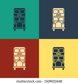 Color Double decker bus icon isolated on color background. London classic passenger bus. Public transportation symbol. Vintage style drawing. Vector Illustration