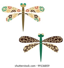 color dragonflies on a white background