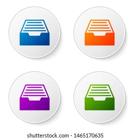 Color Drawer with documents icon isolated on white background. Archive papers drawer. File Cabinet Drawer. Office furniture. Set icons in circle buttons. Vector Illustration