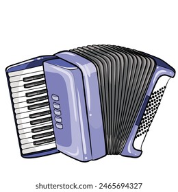 color drawing of an accordion. The accordion has a keyboard on the right side with white and black keys and push-button keys on the left side. 