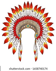 Color drawing: ancient American Indian head dress.  Vector illustration isolated on a white background. Print, poster, T-shirt, postcard.