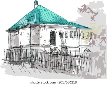 Color drawing of an ancient hut Prikaznaya, The building of stone chambers in Sredny Ovchinnikovsky lane was created at the end of the 17th century, Zamoskorechye, Moscow, Russia