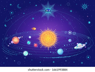 Color drawing: Animation solar system, sun, planets, cosmic symbols. Divine eye. Vector illustration. Background - night star sky.