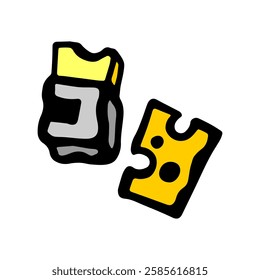 Color drawing of bitten processed cheese, yellow shade, in a half-open pack, where an open piece of cheese with holes is placed next to it.