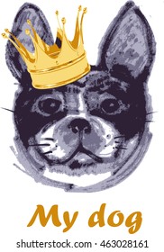 color drawing of French Bulldog in the crown
