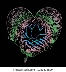 Color drawing of the heart, in which the lotus, fern, cone, mountains, clouds, trees.