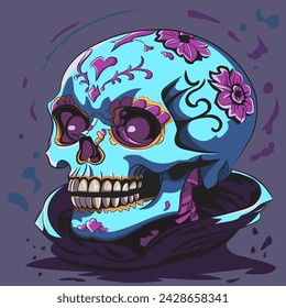 Color drawing of a human skull decorated with flowers and ornaments.