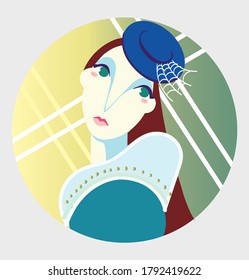 Color drawing of a lady in a hat with a grid, vector illustration, portrait of a woman in a circle. abstraction of beautiful women
