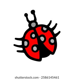 
Color drawing of a ladybug, with antennae, legs and round spots, with a black outline on a white isolated background