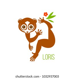 Color drawing, logo or icon of a wild nocturnal eyed animal lemur Lori, who can be a pet sitting on a branch of a tropical tree. Silhouette, engraving, vector, isolated on background for design.