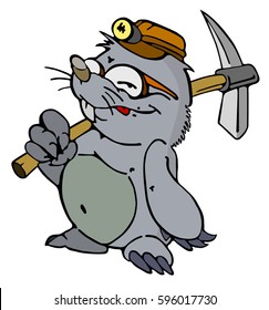 color drawing of a mole miner with a pick on the shoulder