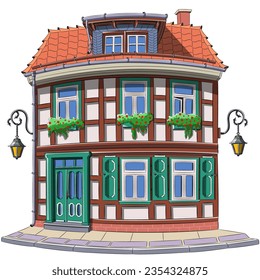 Color drawing of an old half-timbered house in flowers in Wernigerode isolated on a white background. Germany.