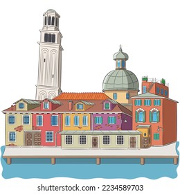 Color drawing of old multi-colored traditional Venetian houses on the banks of the canal.