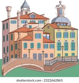 Dibujo de colores de antiguas casas venecianas tradicionales multicolores y un espigón a orillas de un canal.