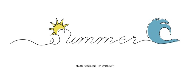 Dibujo en color con una línea continua de sol, ola de mar y letras de verano. Concepto para la ilustración, logotipo, fondo, Anuncio. Diseño de línea continua moderna.