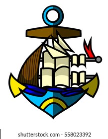 Color drawing ship and anchor vector