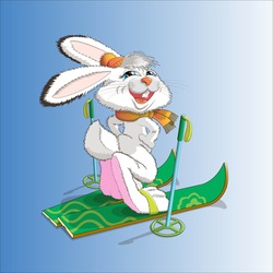 Color Drawing Of A Smiling Hare Skier On Green Skis In An Orange Scarf And Hat On A Blue Background