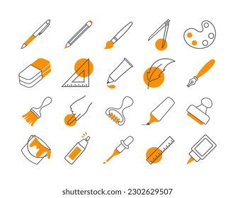 Color drawing tools icons set. Pen, pencil and ruler. Art and creativity. Tube of paint and brush. Collection of graphic elements for website. Flat vector illustrations isolated on white background