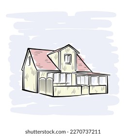 Color drawing of a traditional Scandinavian wooden house with a red roof, courtyard, veranda and mezzanine