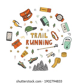 Color drawing of trail running equipment and accessories in round frame. Hand drawn icons in vector 