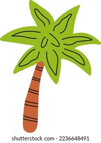 Color drawing of a trapical palm tree for children's designs. Clip art of the landscape environment of a childish paradise island. Evergreen tree for baby