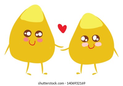 A color drawing of two corn kernels yellow in color holding hands, vector, color drawing or illustration. 